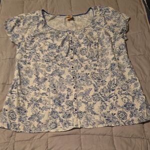 Faded Glory White and Blue Cap Sleeve Blouse 3x